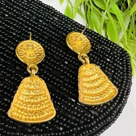 Anne Klein AK Vintage Art Deco Brushed Satin Gold Mod MCM Pierced Earrings 4348 - Picture 3 of 5